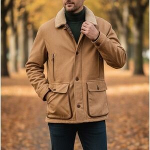 VTG Gimo's Menswear Shearling Collar Pelle Leather Wool Lined Barn Coat Tan XXL